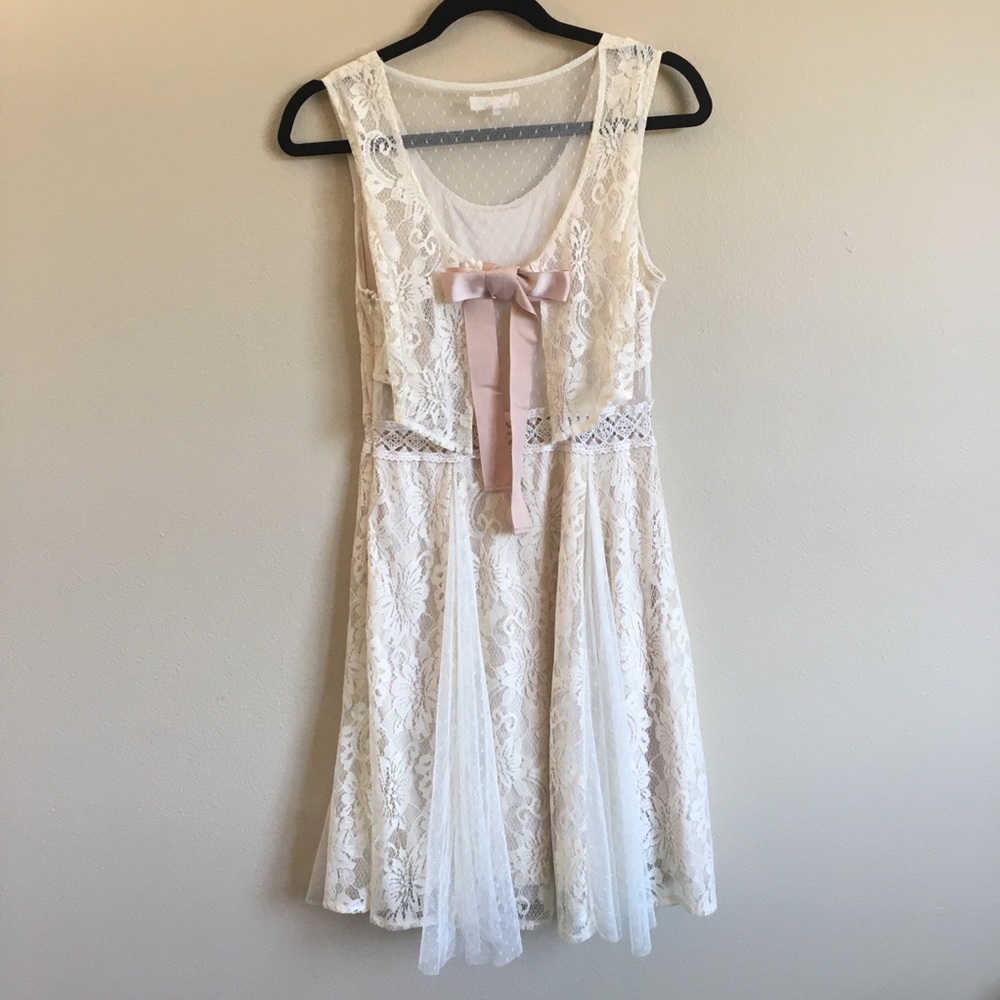Ryu Lace Bow Back Cream Boho Dress M - Picture 2 of 6